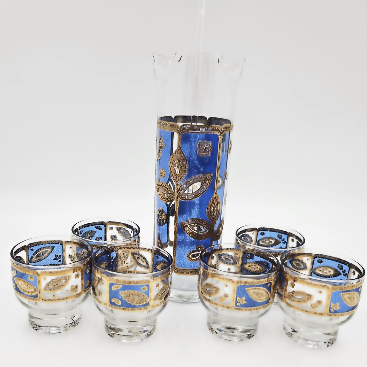 Culver Serveware Culver Royal Blue 22K Gold Floral Paisley Barware Set