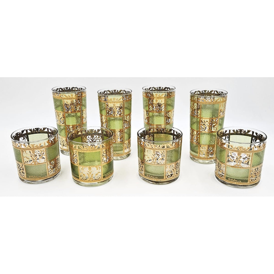 Culver Serveware Stunning Culver Prado Green 22k Gold Glassware Barware Set Circa 1960s