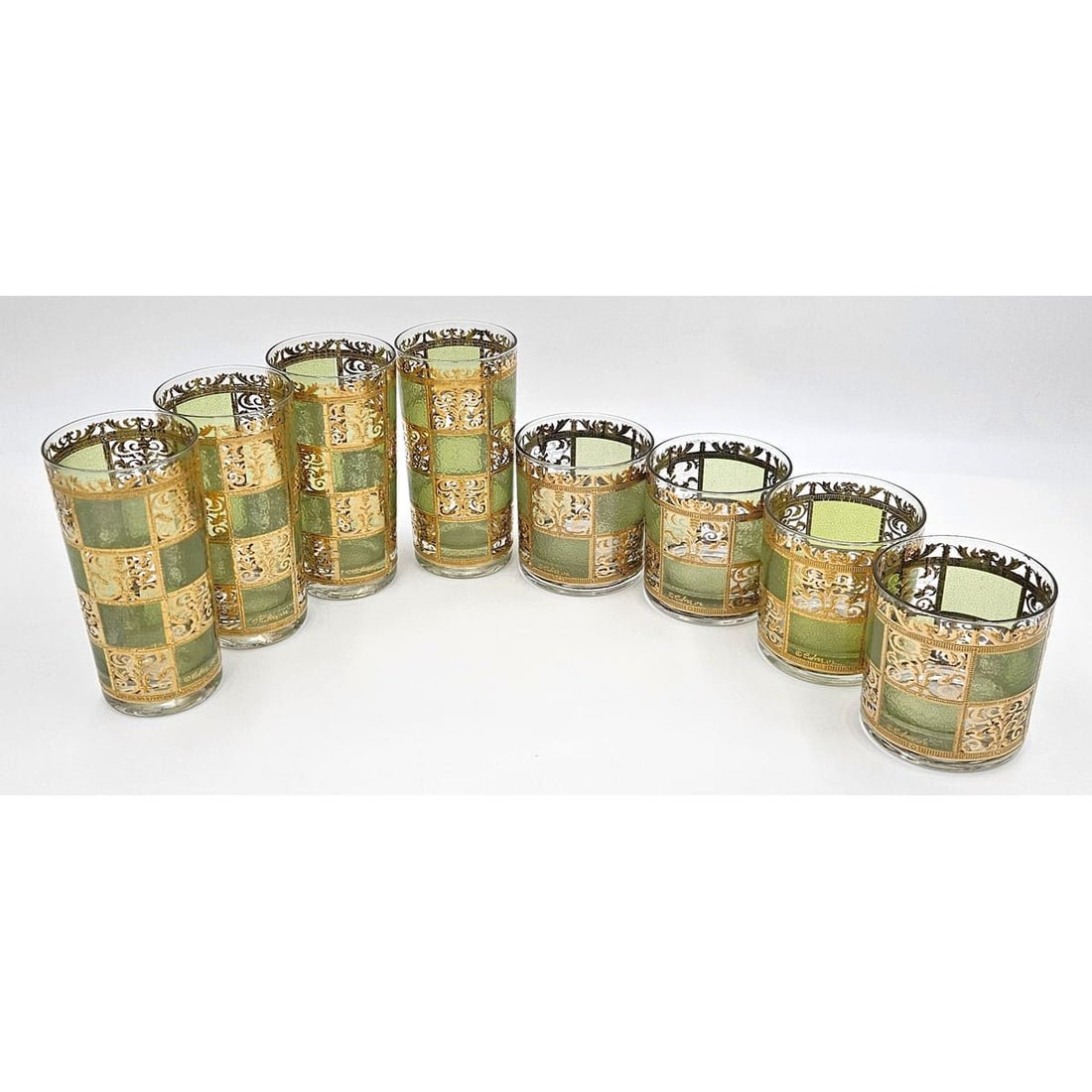 Culver Serveware Stunning Culver Prado Green 22k Gold Glassware Barware Set Circa 1960s