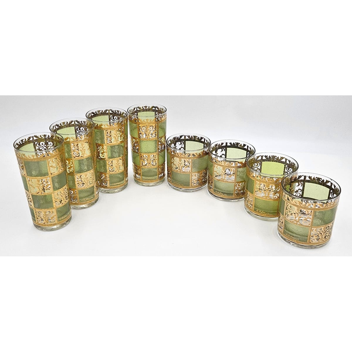 Culver Serveware Stunning Culver Prado Green 22k Gold Glassware Barware Set Circa 1960s
