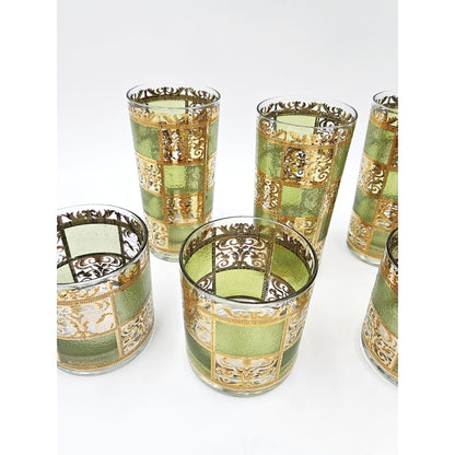 Culver Serveware Stunning Culver Prado Green 22k Gold Glassware Barware Set Circa 1960s