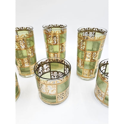 Culver Serveware Stunning Culver Prado Green 22k Gold Glassware Barware Set Circa 1960s