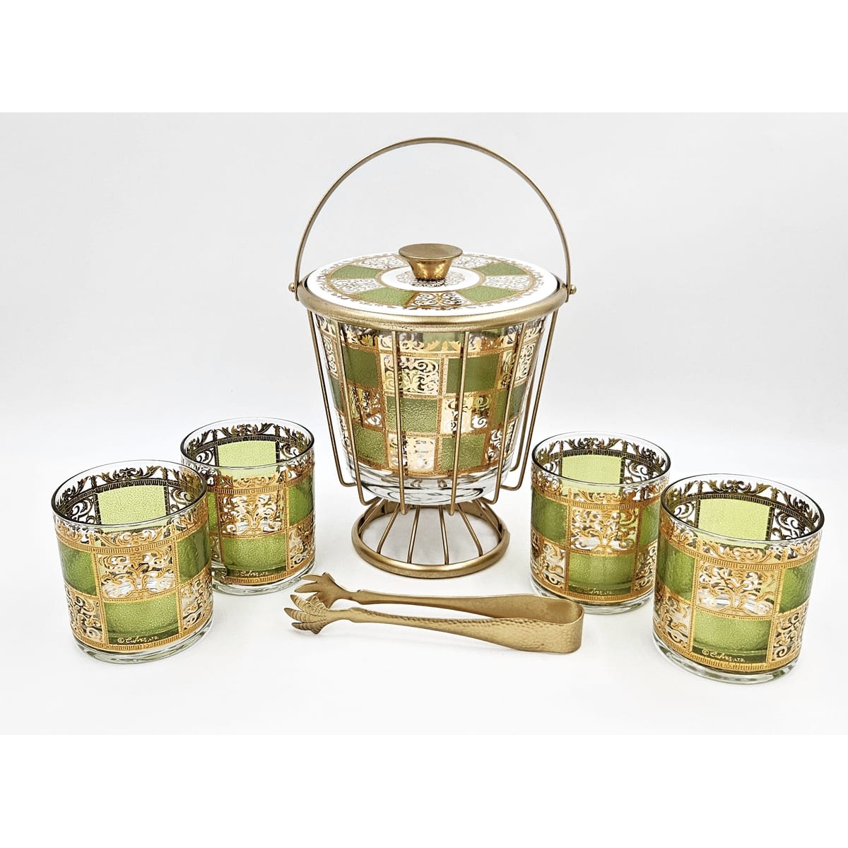 Culver Serveware Stunning Culver Prado Green 22k Gold Ice Bucket Glasses Barware Set 60s