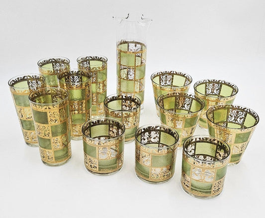 Culver Serveware Stunning Culver Prado Green 22k Gold Martini Pitcher Glasses Barware Set 60s