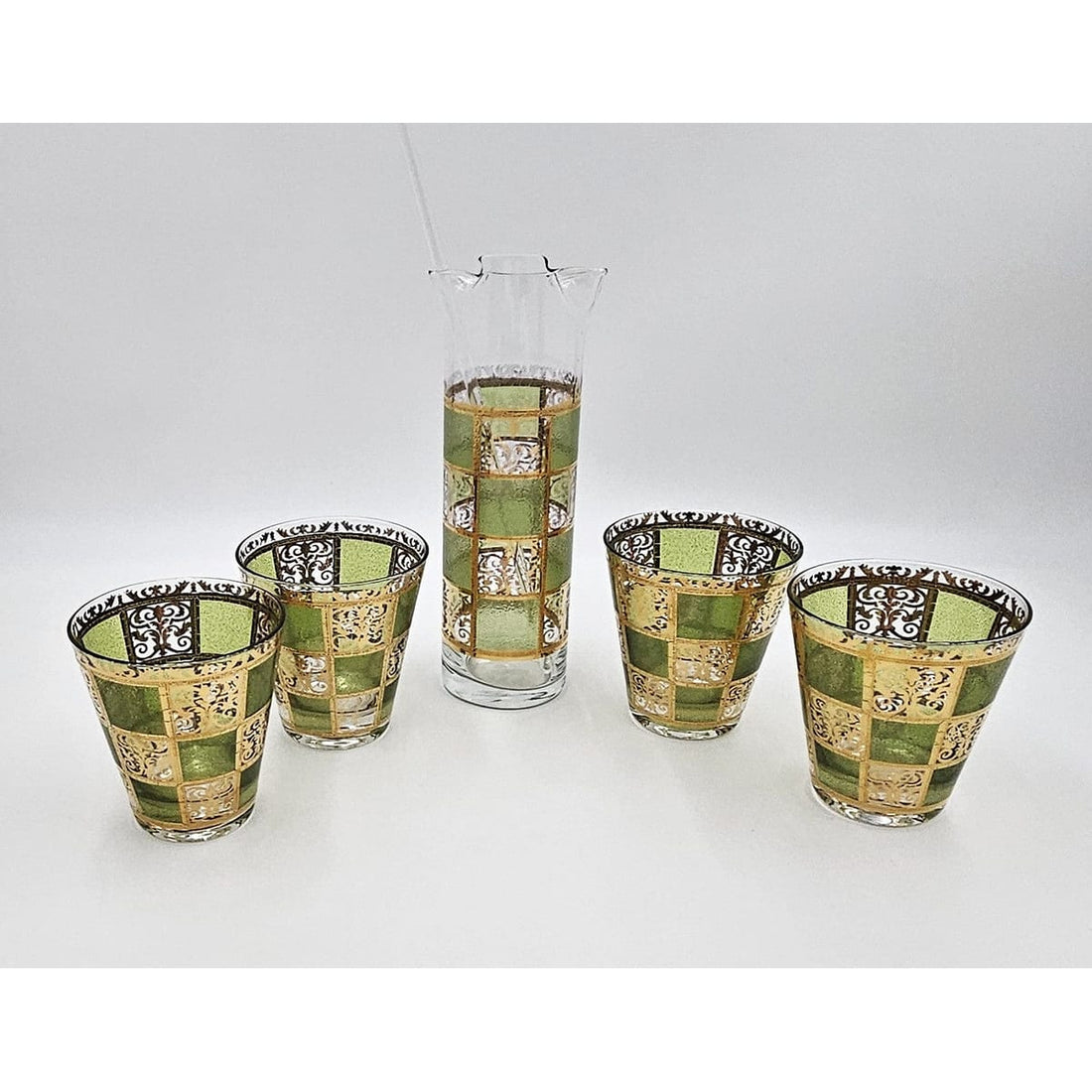Culver Serveware Superb Culver Prado Green 22k Gold Martini Pitcher Glasses Barware Set 1960s