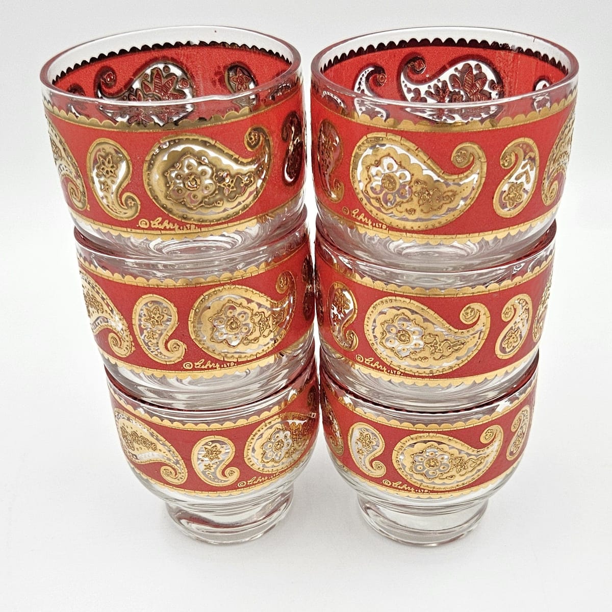 Culver Serveware Superb Culver Red Paisley 22k Gold Glassware Set of 6 Circa 1960s