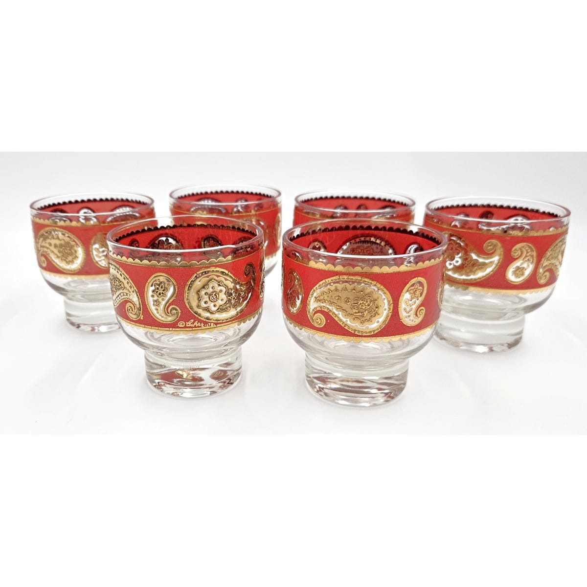 Culver Serveware Superb Culver Red Paisley 22k Gold Glassware Set of 6 Circa 1960s