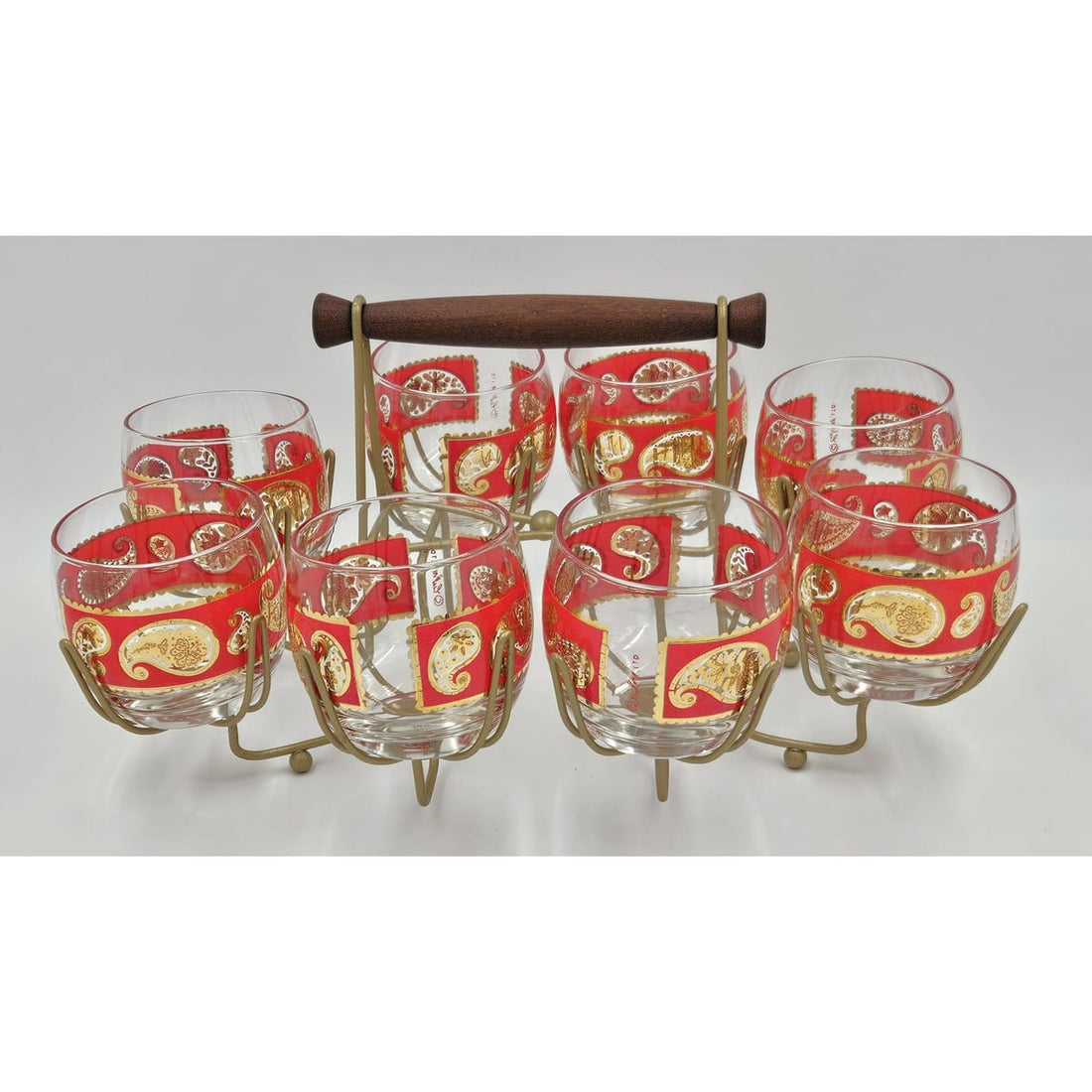 Culver Serveware Superb Culver Red Paisley 22k Gold XL Roly Poly Glasses Caddy Set Circa 1960s
