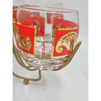 Culver Serveware Superb Culver Red Paisley 22k Gold XL Roly Poly Glasses Caddy Set Circa 1960s