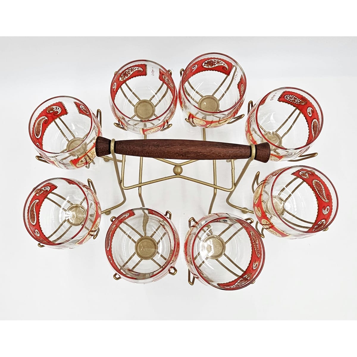 Culver Serveware Superb Culver Red Paisley 22k Gold XL Roly Poly Glasses Caddy Set Circa 1960s