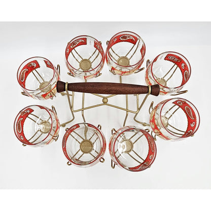 Culver Serveware Superb Culver Red Paisley 22k Gold XL Roly Poly Glasses Caddy Set Circa 1960s