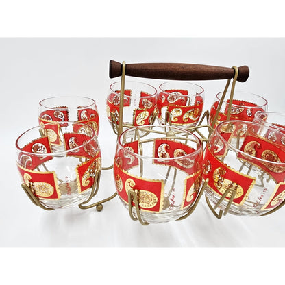Culver Serveware Superb Culver Red Paisley 22k Gold XL Roly Poly Glasses Caddy Set Circa 1960s