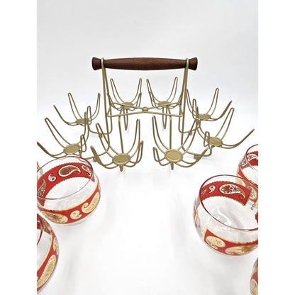Culver Serveware Superb Culver Red Paisley 22k Gold XL Roly Poly Glasses Caddy Set Circa 1960s