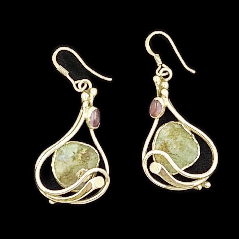 d-h Jewelry Designer Abstract Modernist Sterling Amethyst Roman Glass Earrings Signed