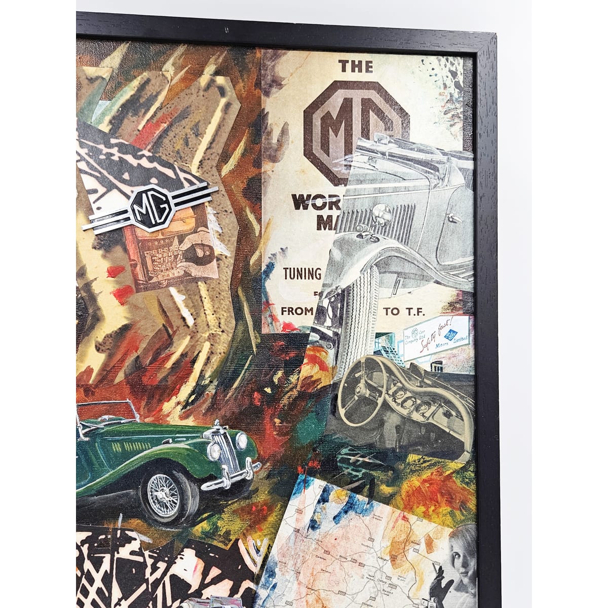 Daniels Artwork Artist LR Daniels Mixed Media Collage Artwork on Canvas MG Cars