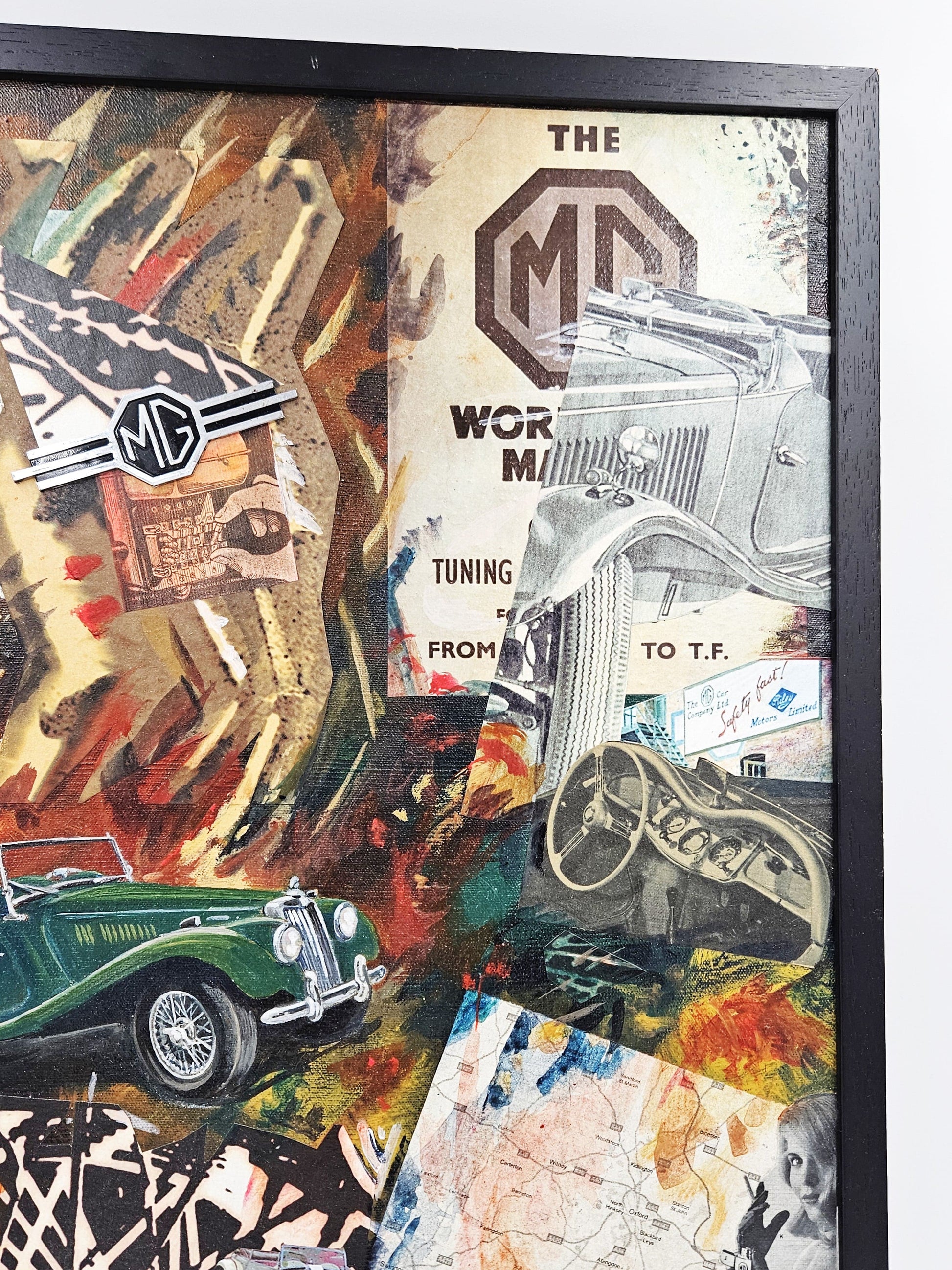 Daniels Artwork Artist LR Daniels Mixed Media Collage Artwork on Canvas MG Cars