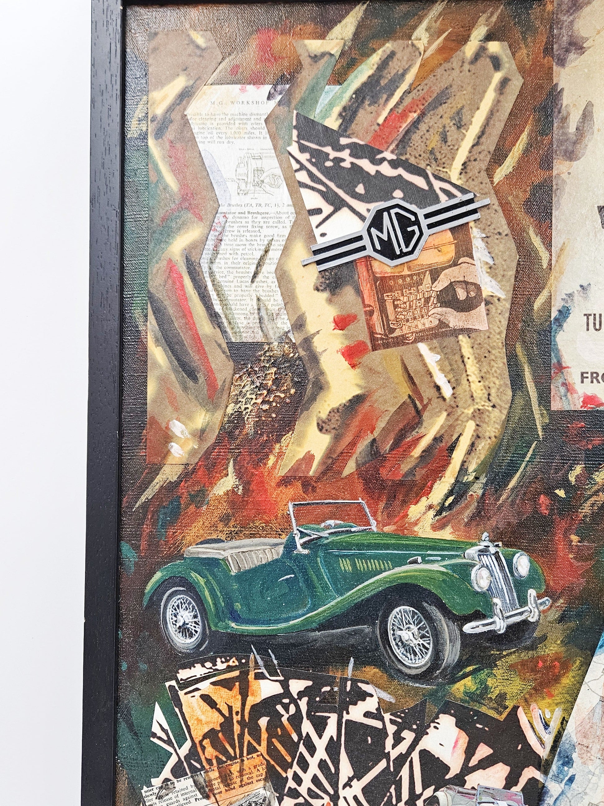 Daniels Artwork Artist LR Daniels Mixed Media Collage Artwork on Canvas MG Cars