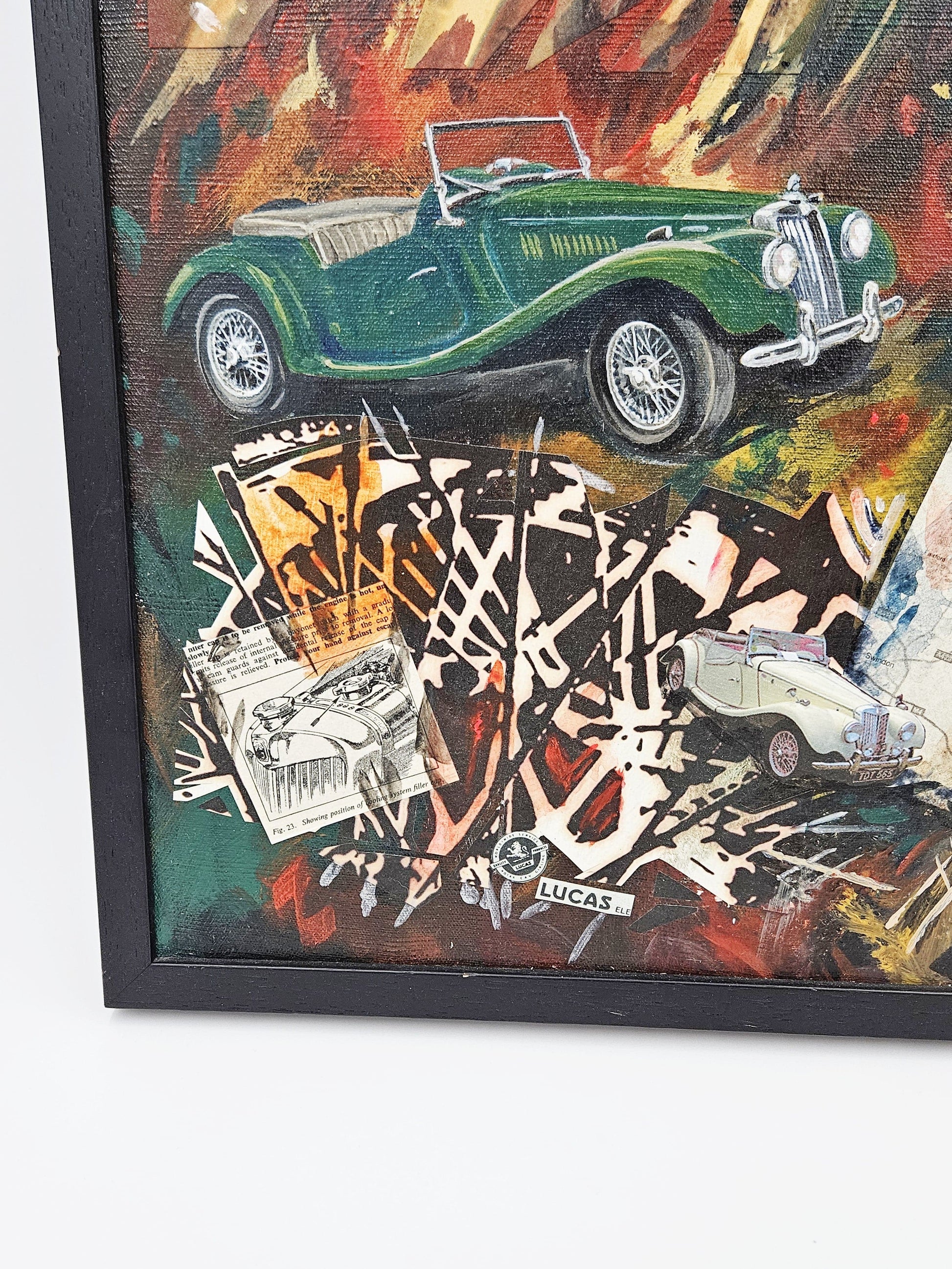 Daniels Artwork Artist LR Daniels Mixed Media Collage Artwork on Canvas MG Cars