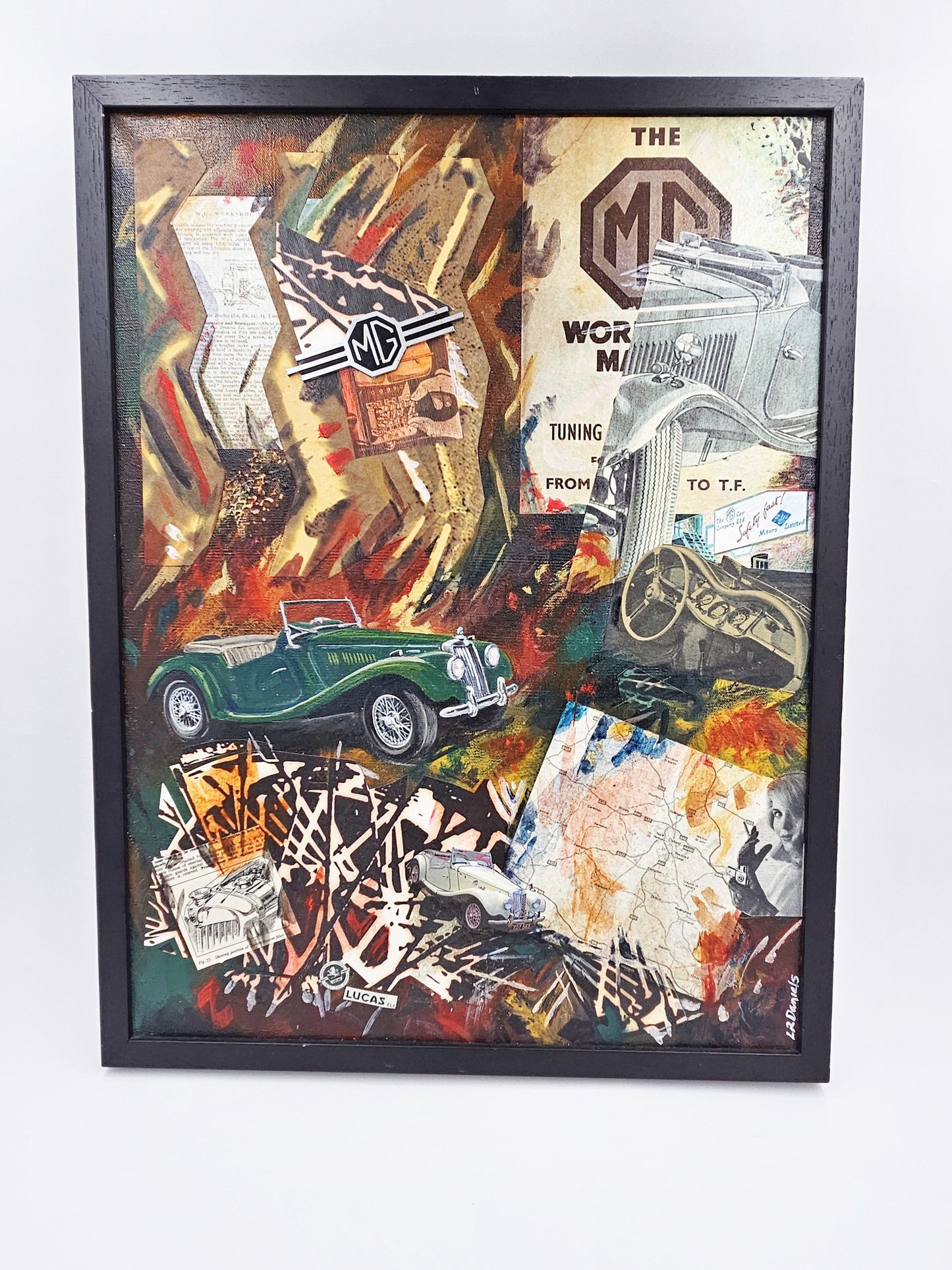 Daniels Artwork Artist LR Daniels Mixed Media Collage Artwork on Canvas MG Cars