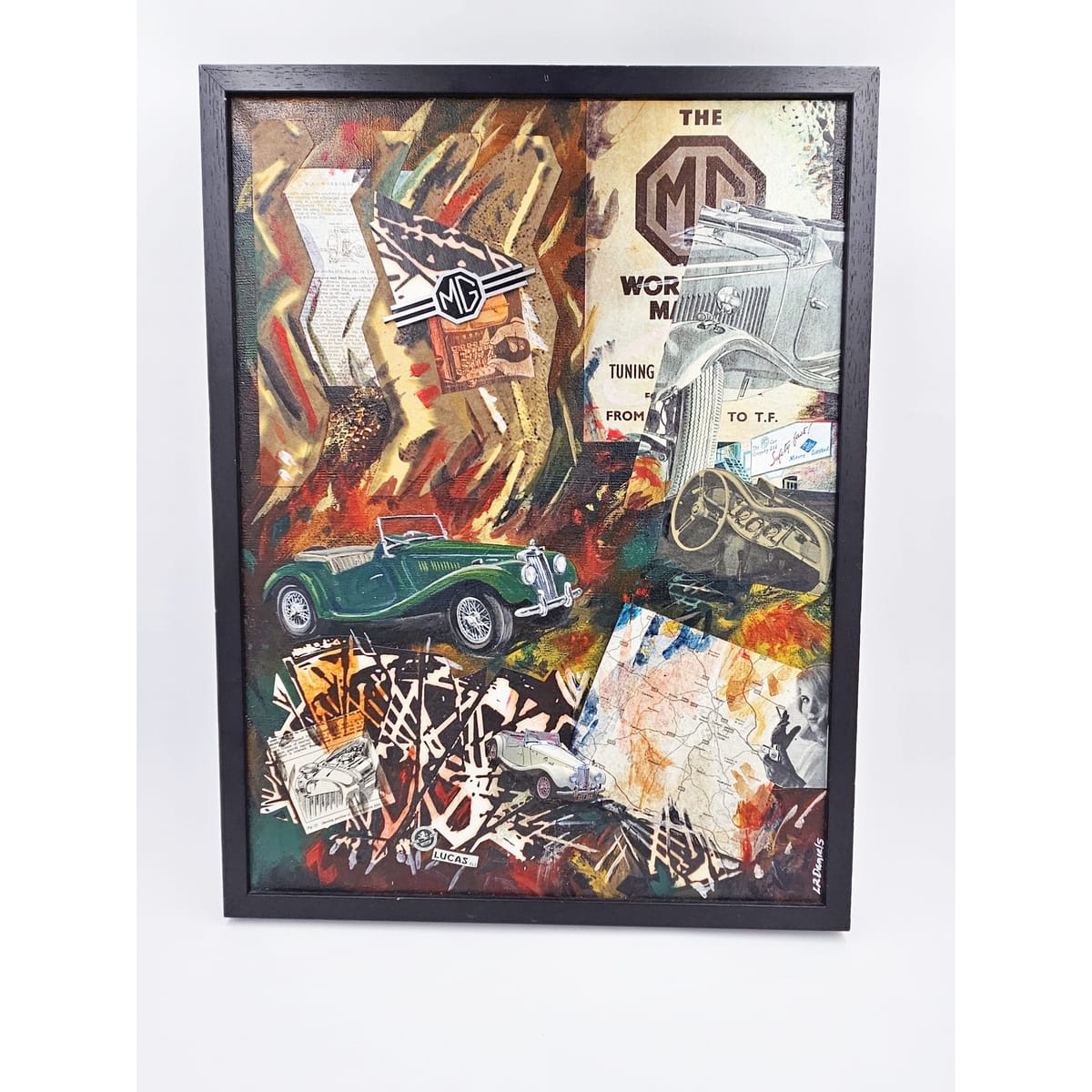 Daniels Artwork Artist LR Daniels Mixed Media Collage Artwork on Canvas MG Cars