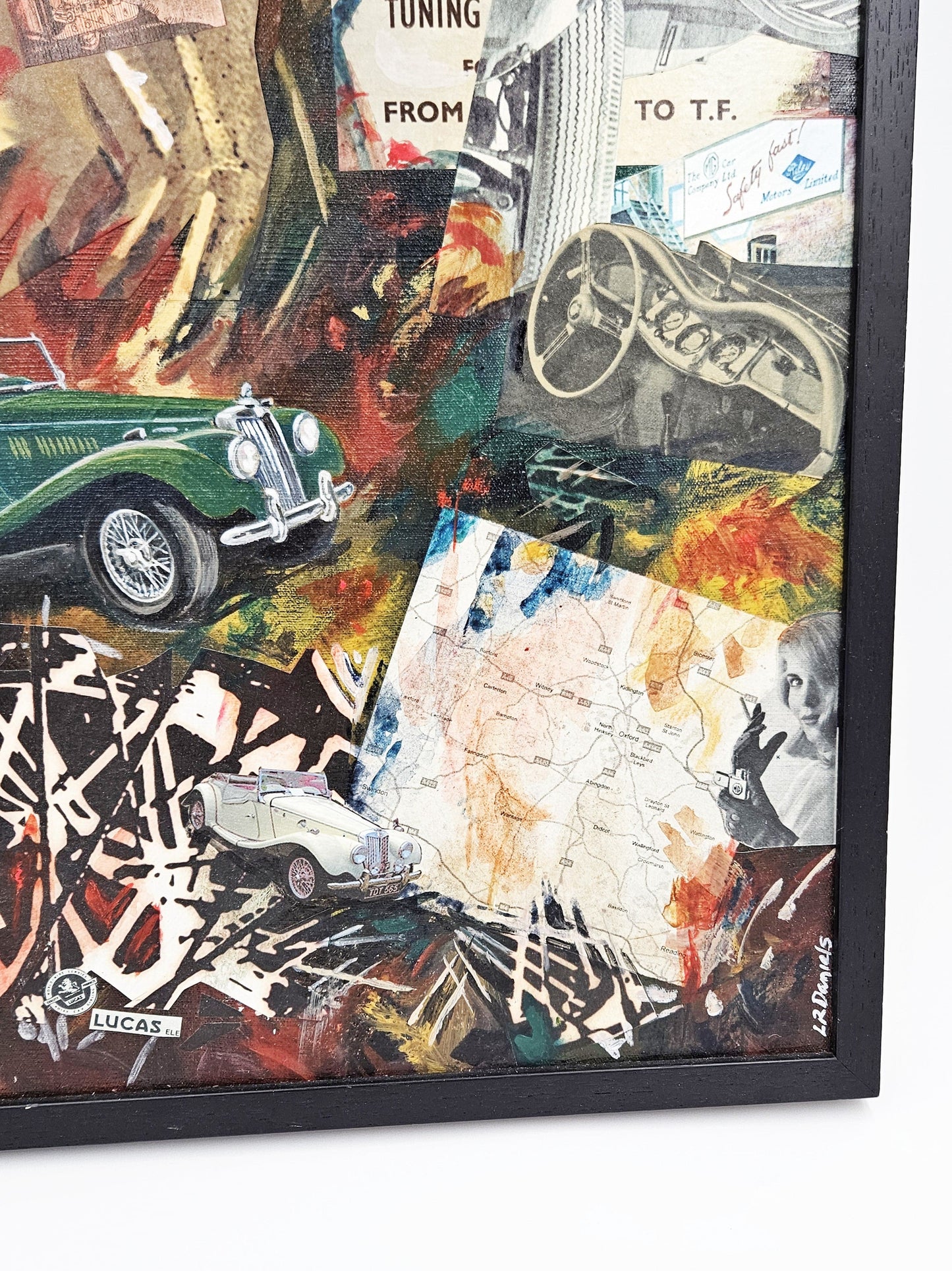 Daniels Artwork Artist LR Daniels Mixed Media Collage Artwork on Canvas MG Cars