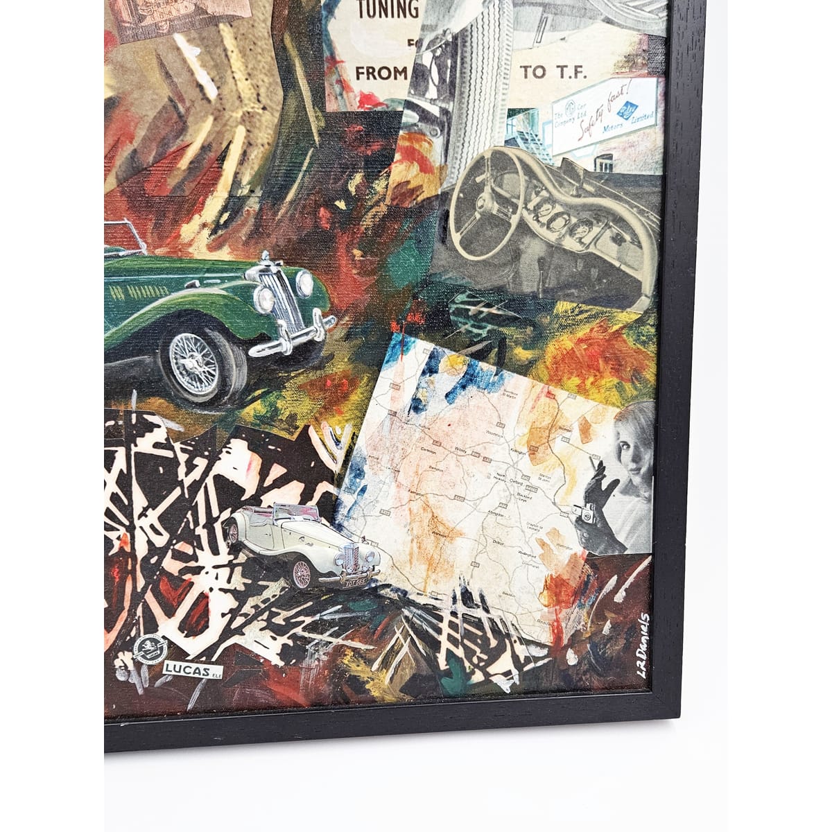 Daniels Artwork Artist LR Daniels Mixed Media Collage Artwork on Canvas MG Cars