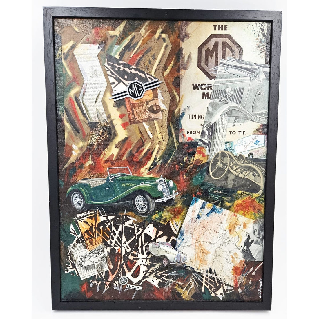 Daniels Artwork Artist LR Daniels Mixed Media Collage Artwork on Canvas MG Cars