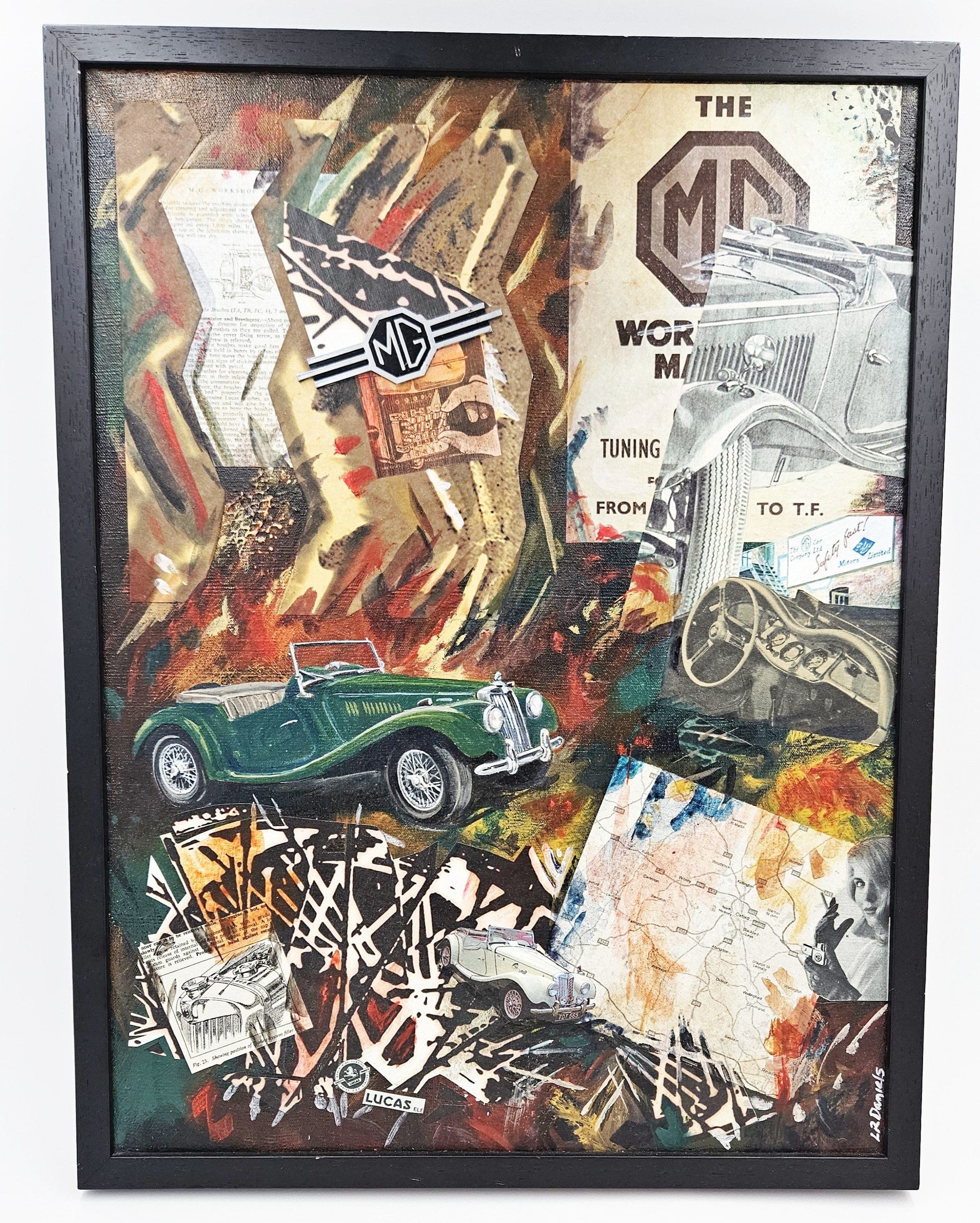 Daniels Artwork Artist LR Daniels Mixed Media Collage Artwork on Canvas MG Cars