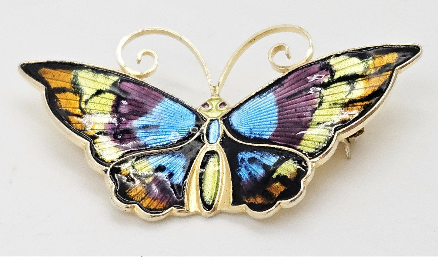 David Andersen Jewelry David Andersen Gilt Sterling Multi-Color Enamel HUGE Butterfly Brooch 1940s