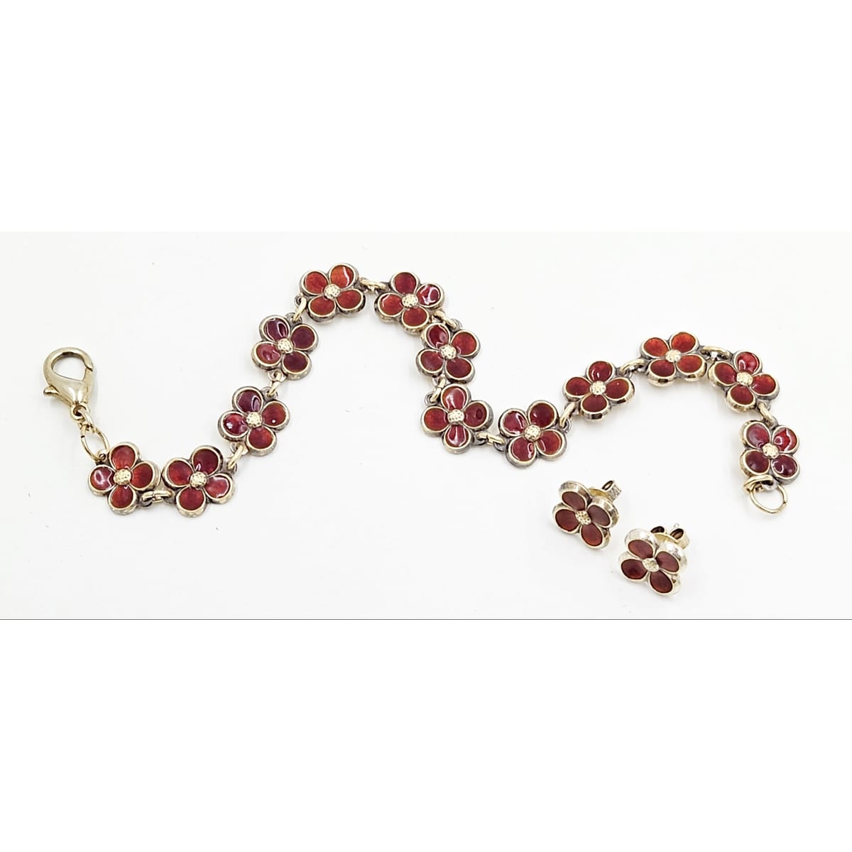 David Andersen Jewelry David Andersen Sterling Enamel Flower Bracelet Earrings Set 1950&