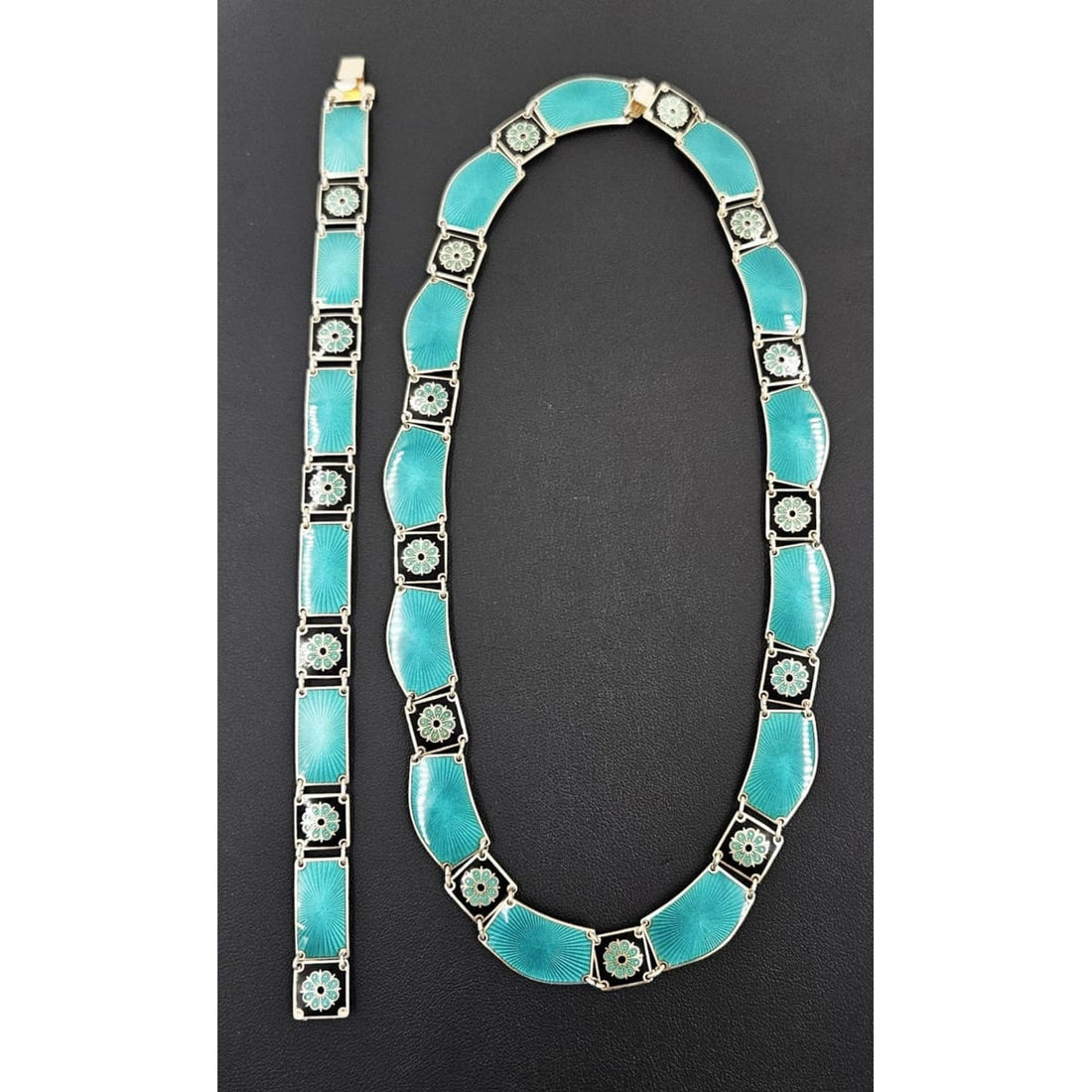 David Andersen Jewelry David Andersen Sterling Enamel Flower Bracelet Necklace Demi Parure Set 1910&