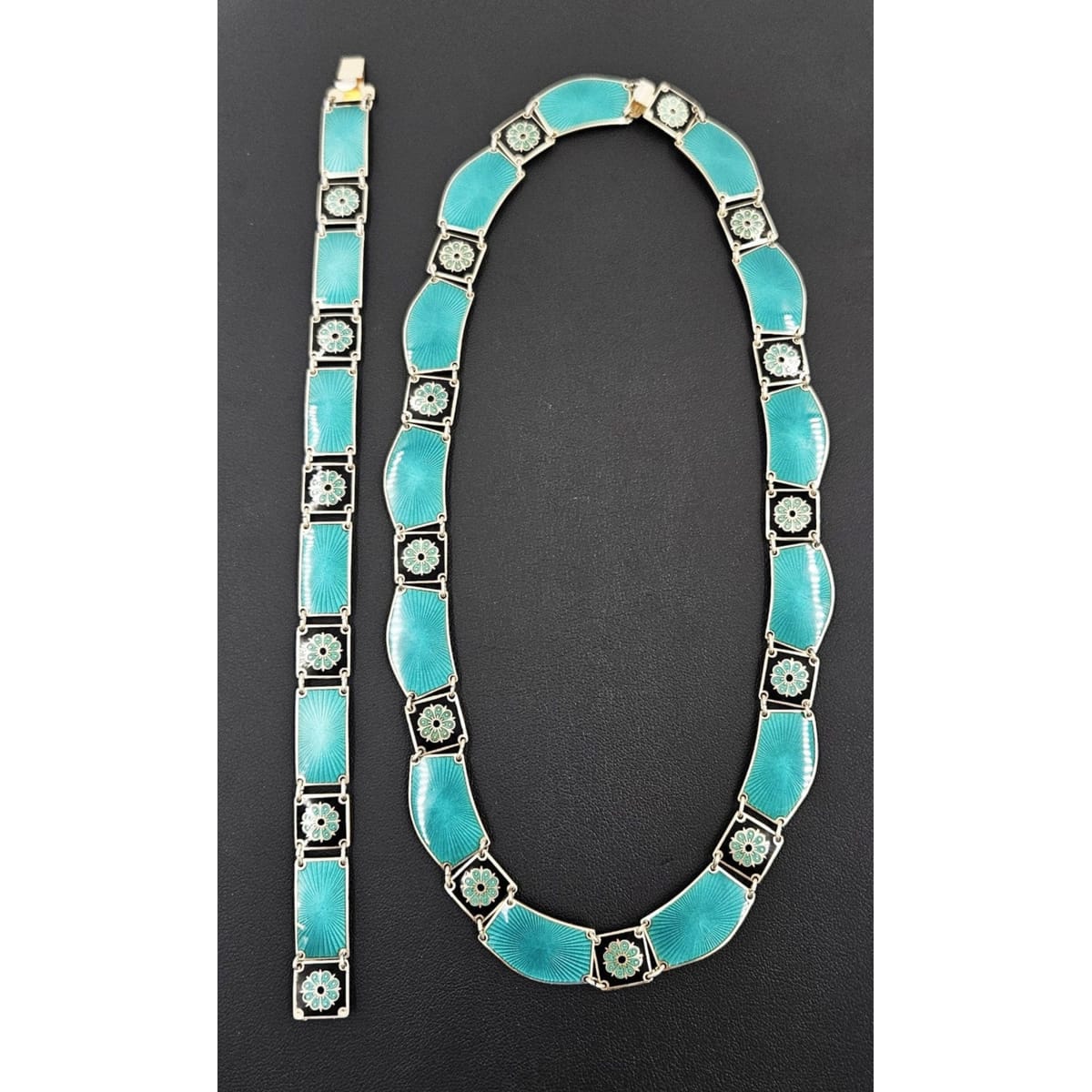 David Andersen Jewelry David Andersen Sterling Enamel Flower Bracelet Necklace Demi Parure Set 1910&