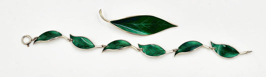 David Andersen Jewelry David Andersen WW Sterling & Enamel Leaves Bracelet and Brooch Set 1950s