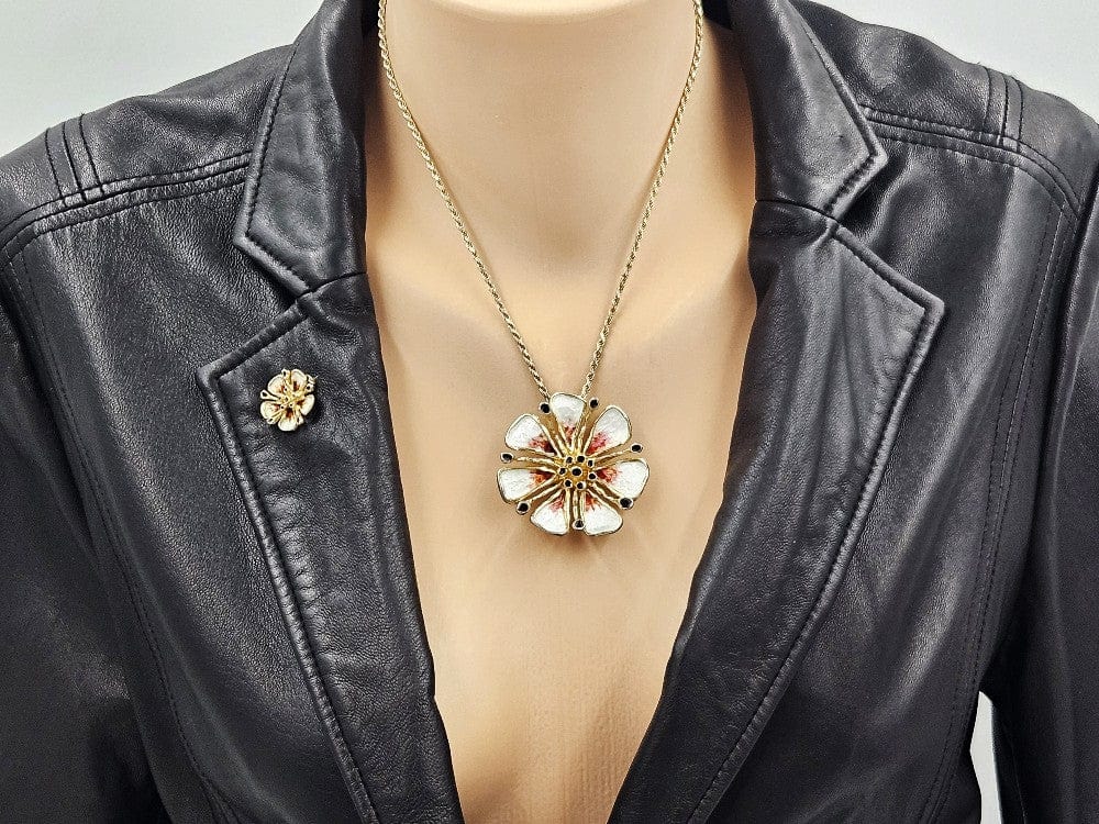 David Andersen Jewelry Otteren David Andersen Sterling Enamel HUGE Flower Necklace & Pin SET 1960s