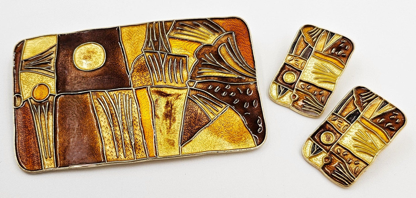 David Andersen Jewelry RARE David Andersen 925 Enamel Autumn 4 Seasons Brooch Earrings Set 1959