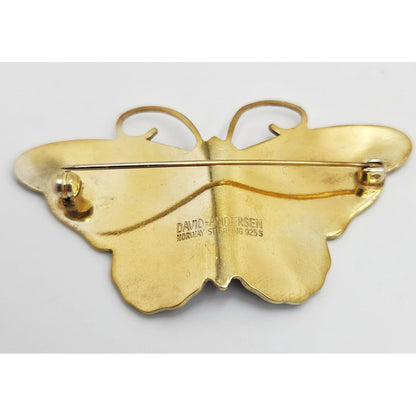 David Andersen Jewelry RARE David Andersen Gilt 925 Black w/Flowers Enamel Butterfly Brooch 1940s