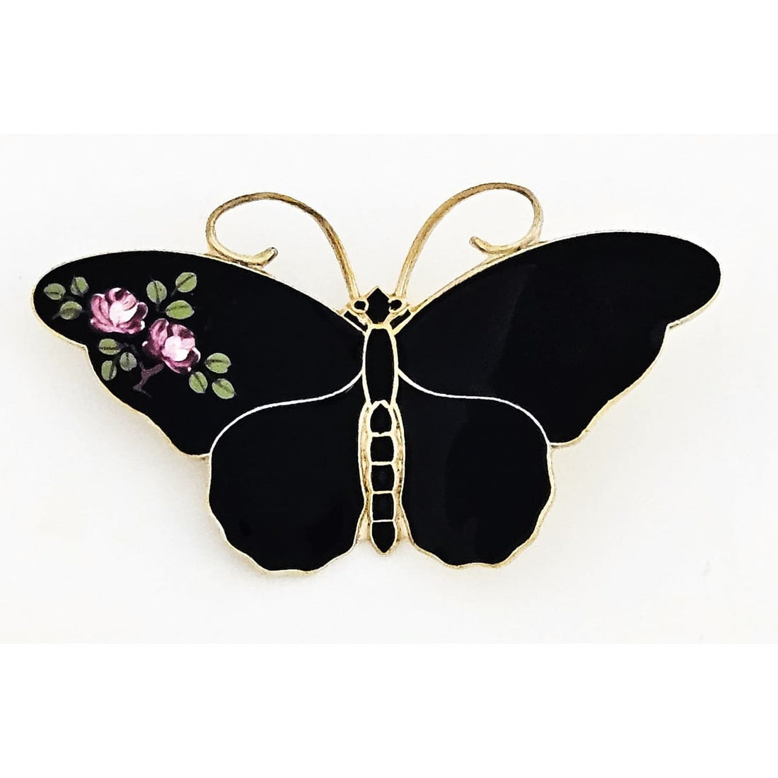 David Andersen Jewelry RARE David Andersen Gilt 925 Black w/Flowers Enamel Butterfly Brooch 1940s