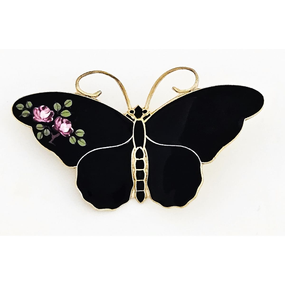 David Andersen Jewelry RARE David Andersen Gilt 925 Black w/Flowers Enamel Butterfly Brooch 1940s