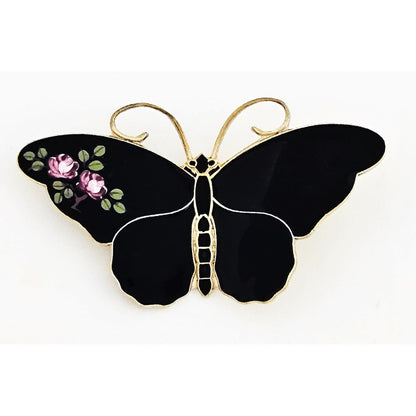 David Andersen Jewelry RARE David Andersen Gilt 925 Black w/Flowers Enamel Butterfly Brooch 1940s