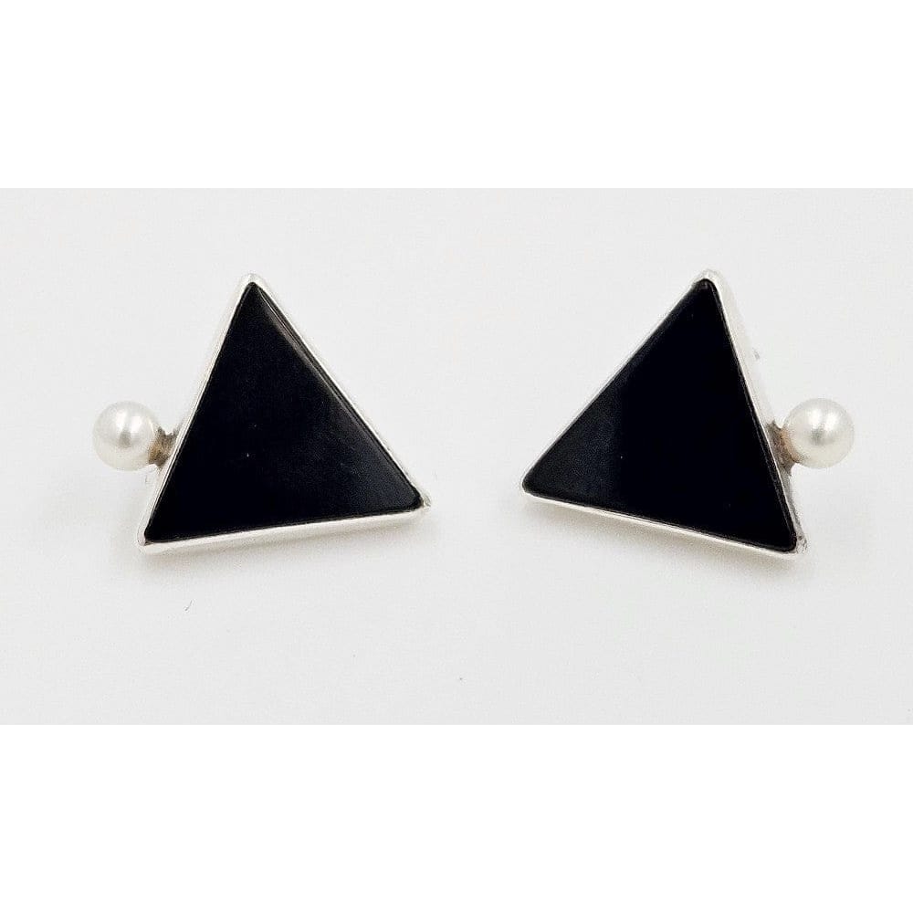 Ed Levin Jewelry Iconic Designer Ed Levin Modernist Onyx &amp; Pearl Sterling Silver Earrings 1980s