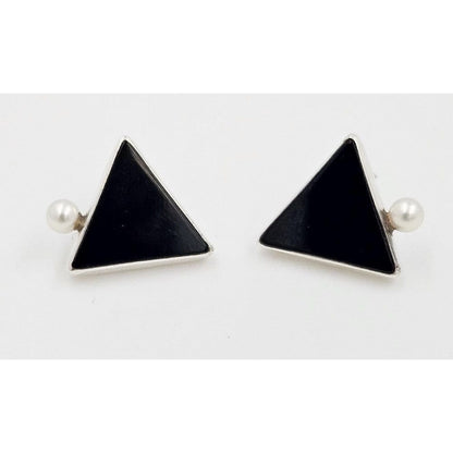 Ed Levin Jewelry Iconic Designer Ed Levin Modernist Onyx &amp; Pearl Sterling Silver Earrings 1980s