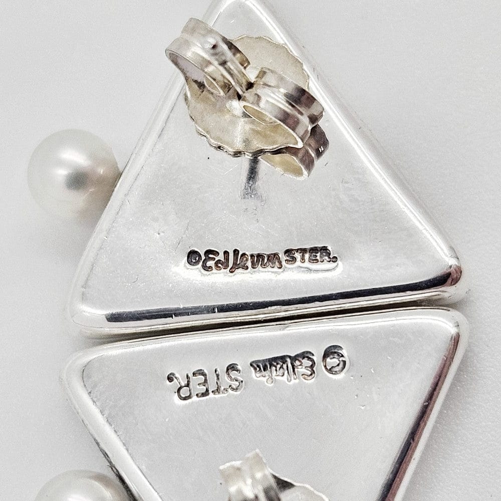 Ed Levin Jewelry Iconic Designer Ed Levin Modernist Onyx &amp; Pearl Sterling Silver Earrings 1980s