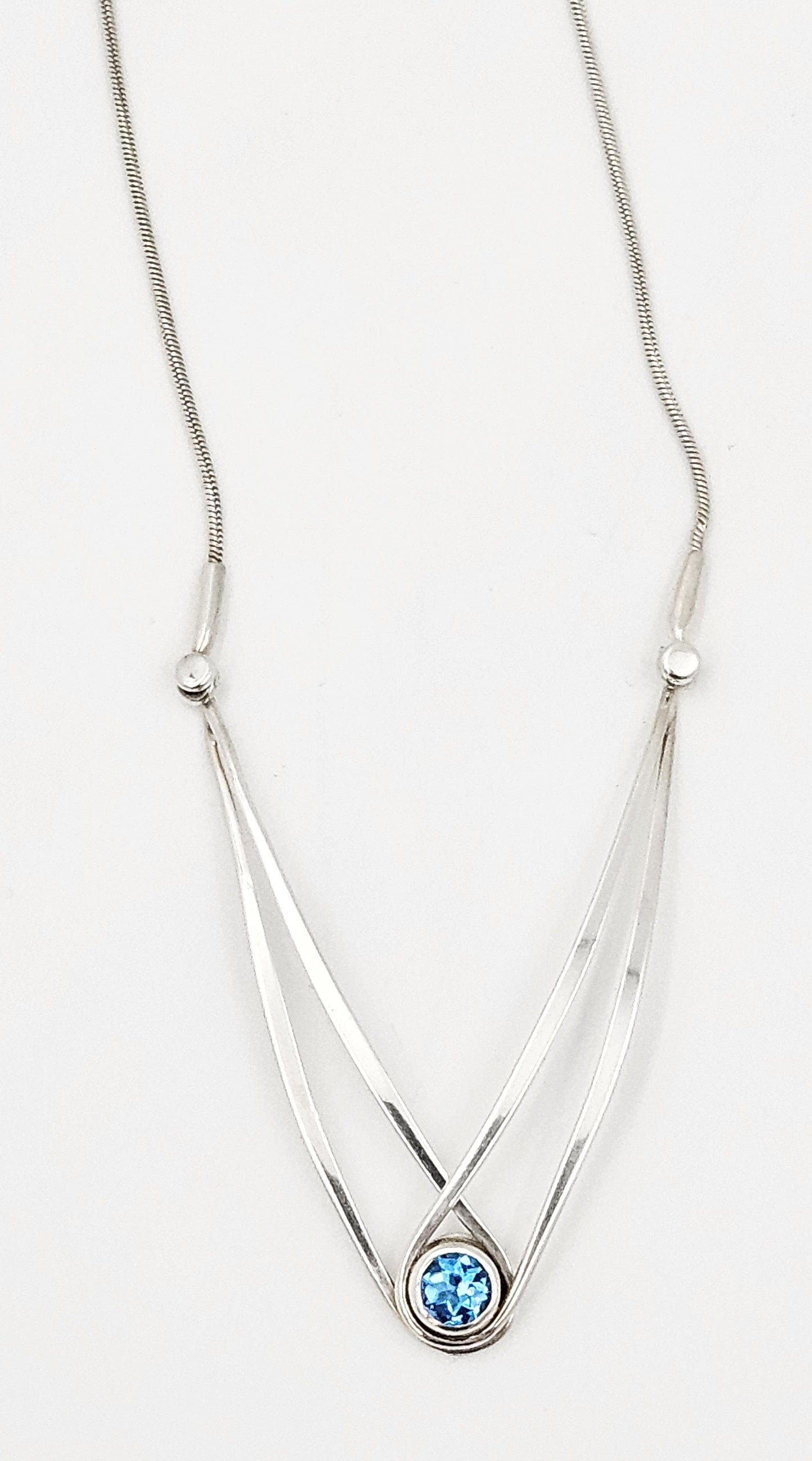 Ed Levin Jewelry Retired Ed Levin Modernist Articulating Sterling & Blue Topaz Y Necklace 1980s