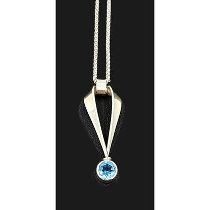 Ed Levin Jewelry Retired Ed Levin Sterling Silver &amp; Blue Topaz Modernist Pendant Necklace 1990s