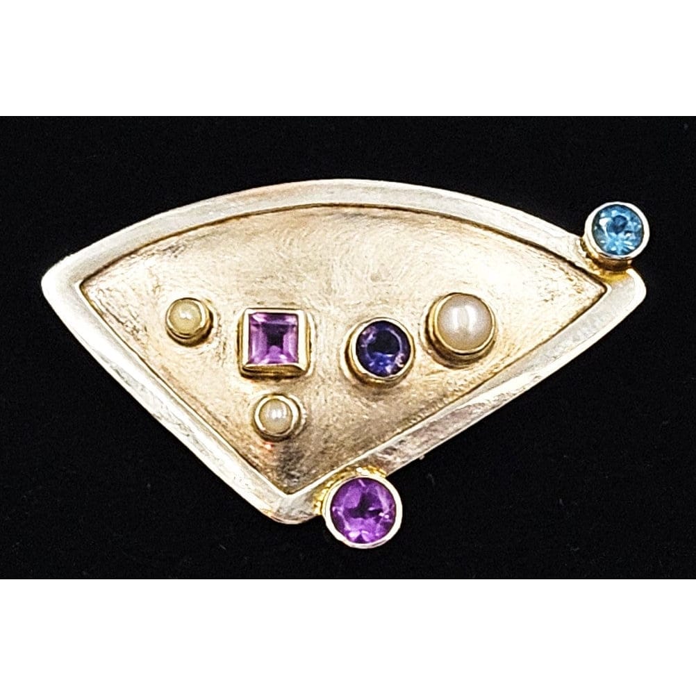 Elizabeth Prior Jewelry Designer Elizabeth Prior Sterling 14k Gold Semi-Precious Stones Brooch 1990s
