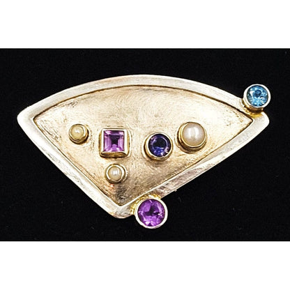 Elizabeth Prior Jewelry Designer Elizabeth Prior Sterling 14k Gold Semi-Precious Stones Brooch 1990s