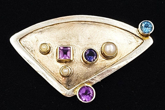 Elizabeth Prior Jewelry Designer Elizabeth Prior Sterling 14k Gold Semi-Precious Stones Brooch 1990s