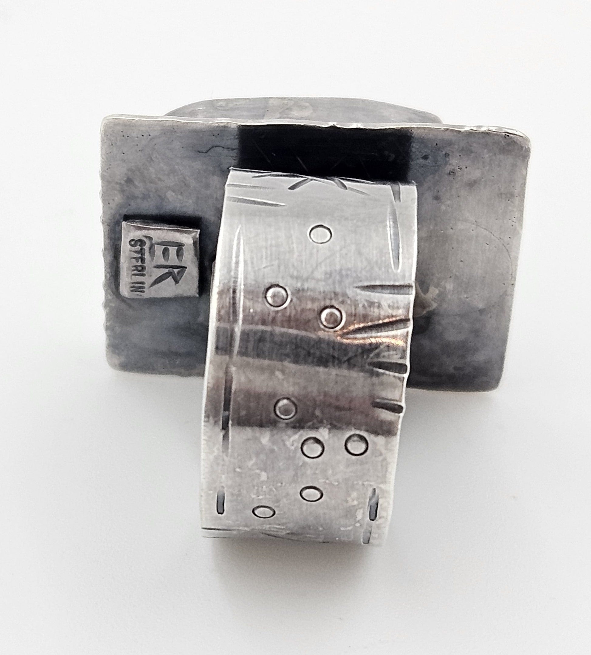 ER Sterling Jewelry Vintage Designer ER Brutalist Sterling Silver & Bone Square Faced Ring