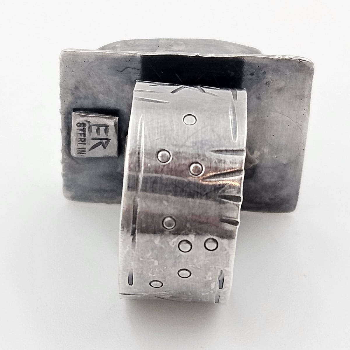 ER Sterling Jewelry Vintage Designer ER Brutalist Sterling Silver &amp; Bone Square Faced Ring