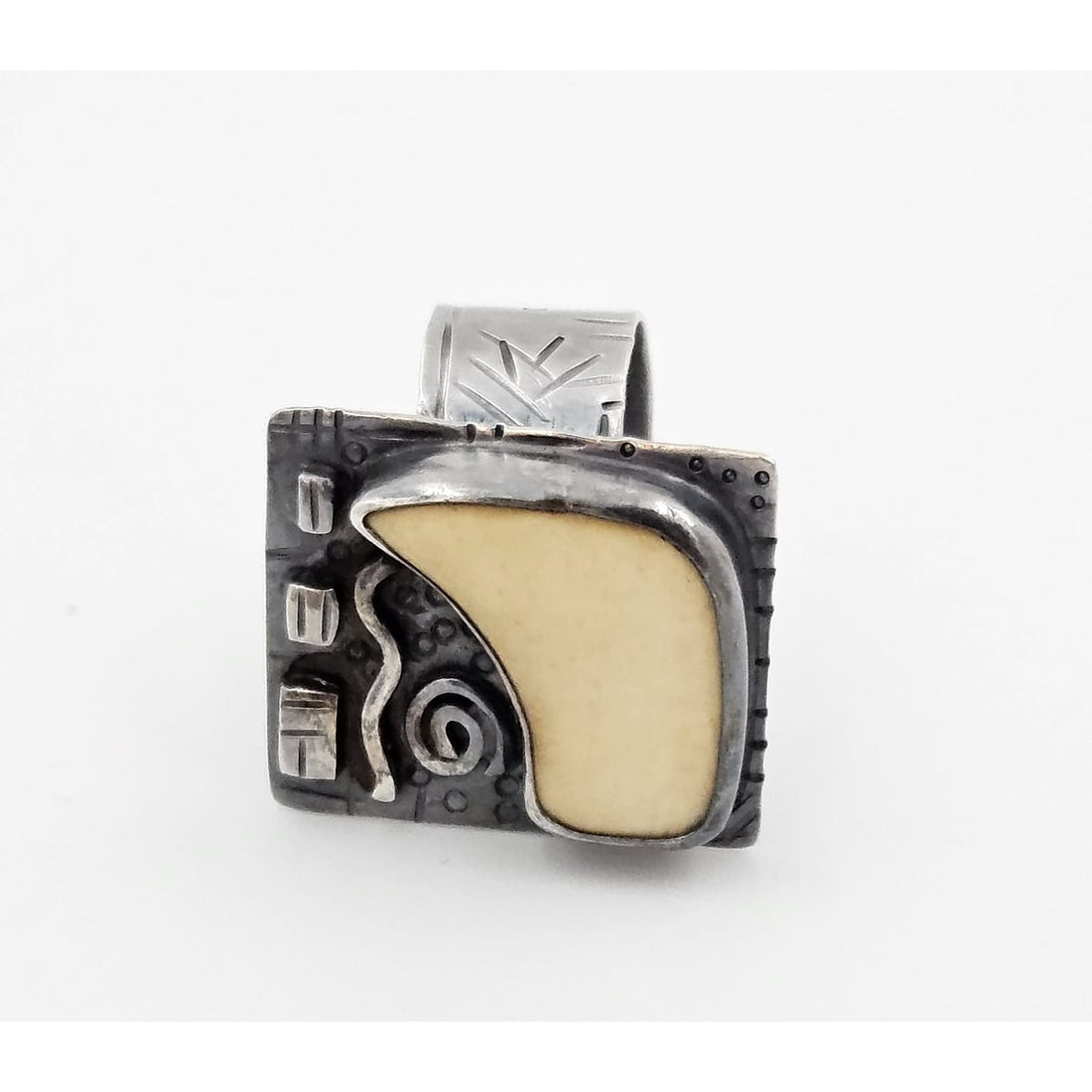 ER Sterling Jewelry Vintage Designer ER Brutalist Sterling Silver &amp; Bone Square Faced Ring